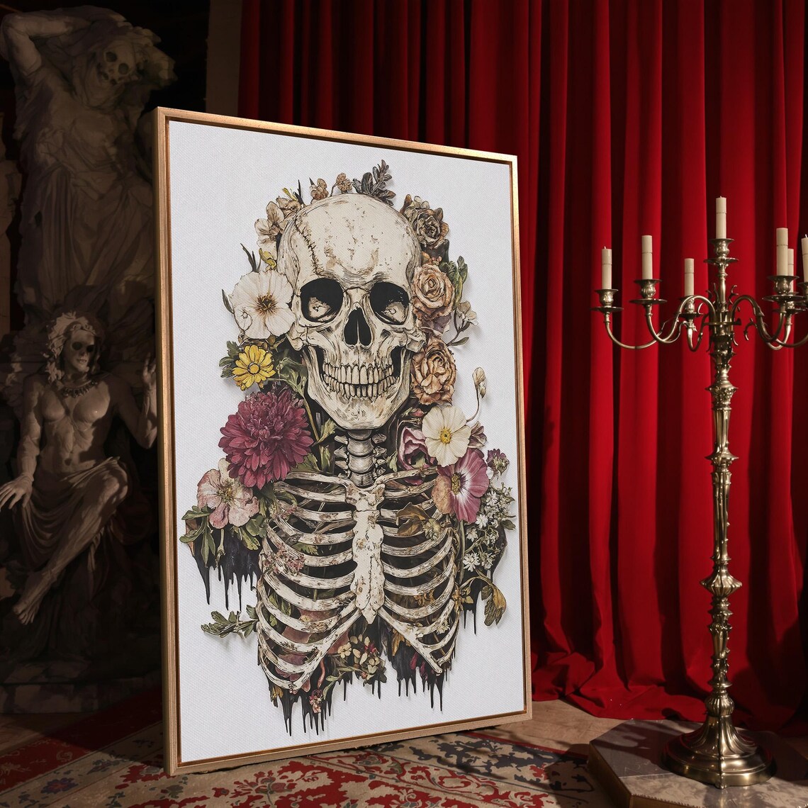 Floral Skeleton Ribcage Colorful Bloom Art On White Dark Botanical Poster - Image 4