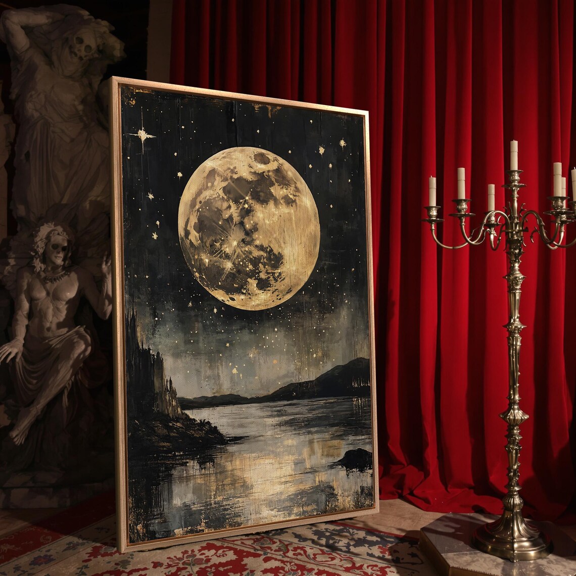 Golden Full Moon Over Moonlit Lake Mountains Surreal Night Sky Wall Poster - Image 4