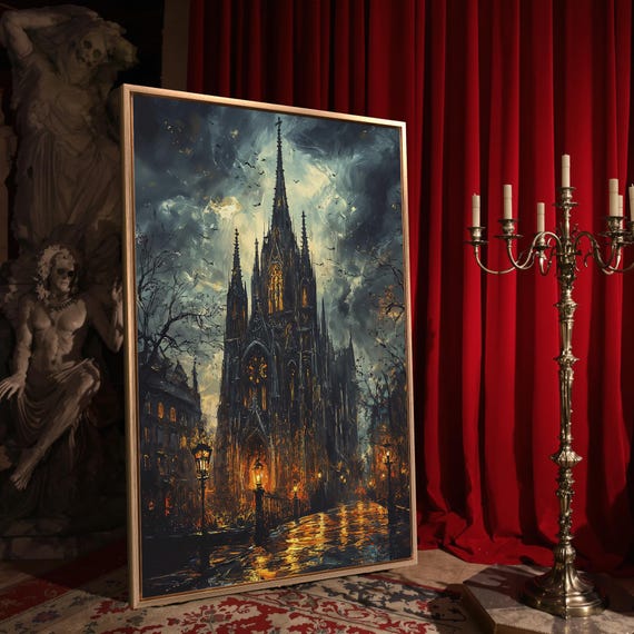Gothic Cathedral And Dramatic Sky Print Mysterious Night Street Decor Dark Architecture Eerie Poster Ready To Hang Framed Wall Art
