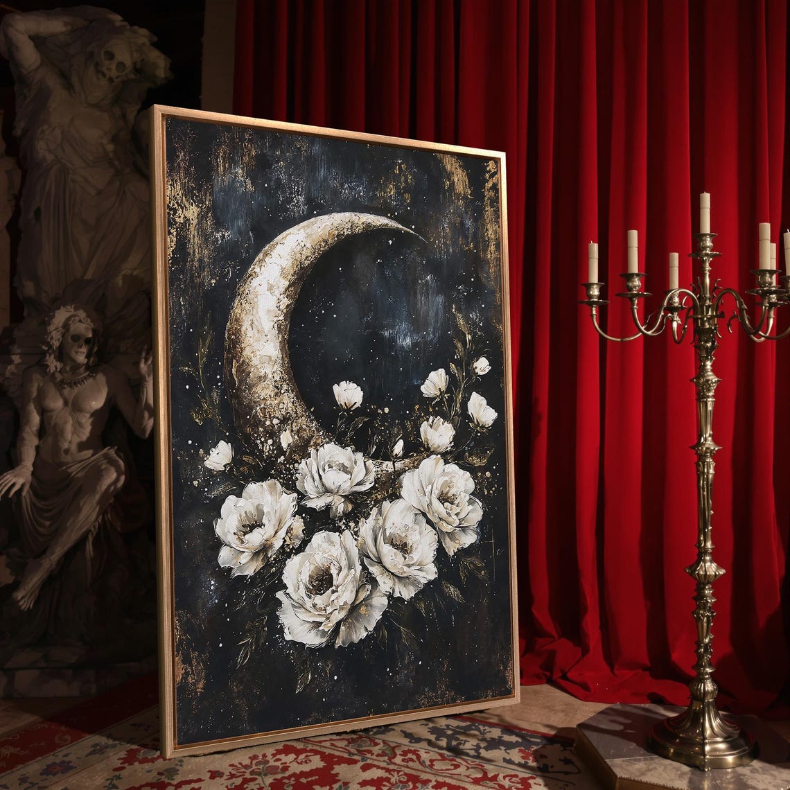 Crescent Moon White Roses Starry Night Celestial Gothic Art Poster - Image 4