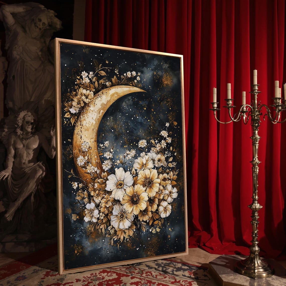Golden Crescent Moon Gold Wildflowers Starry Night Celestial Poster - Image 4
