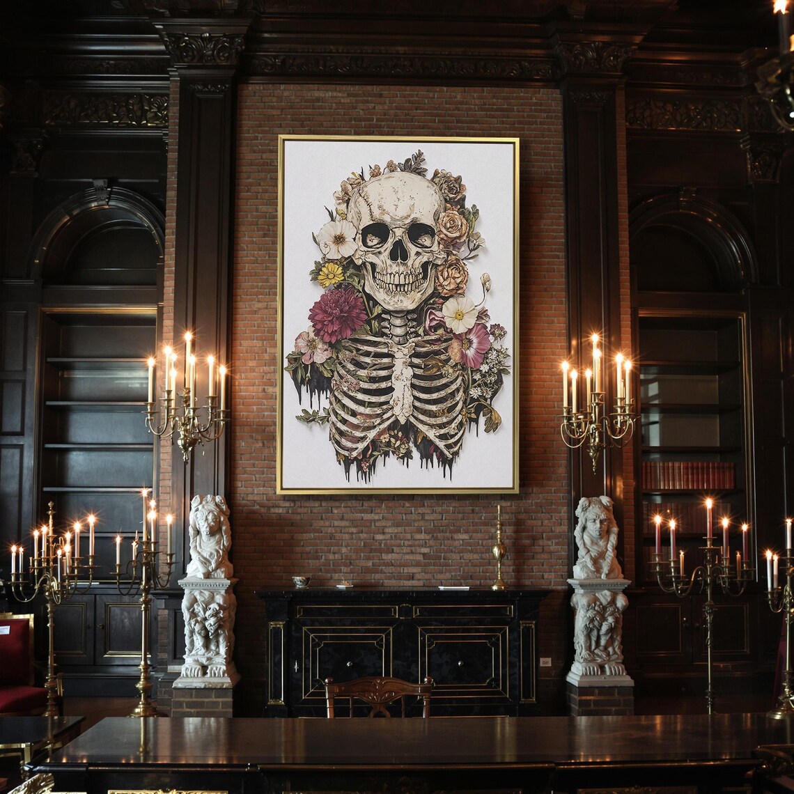 Floral Skeleton Ribcage Colorful Bloom Art On White Dark Botanical Poster - Image 2