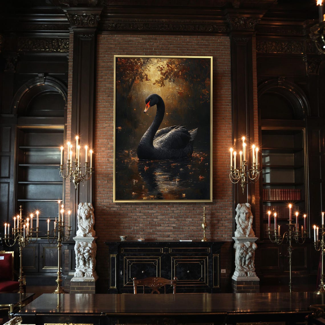 Black Swan Autumn Pond Golden Fall Leaves Dark Wildlife Art Poster - Image 2