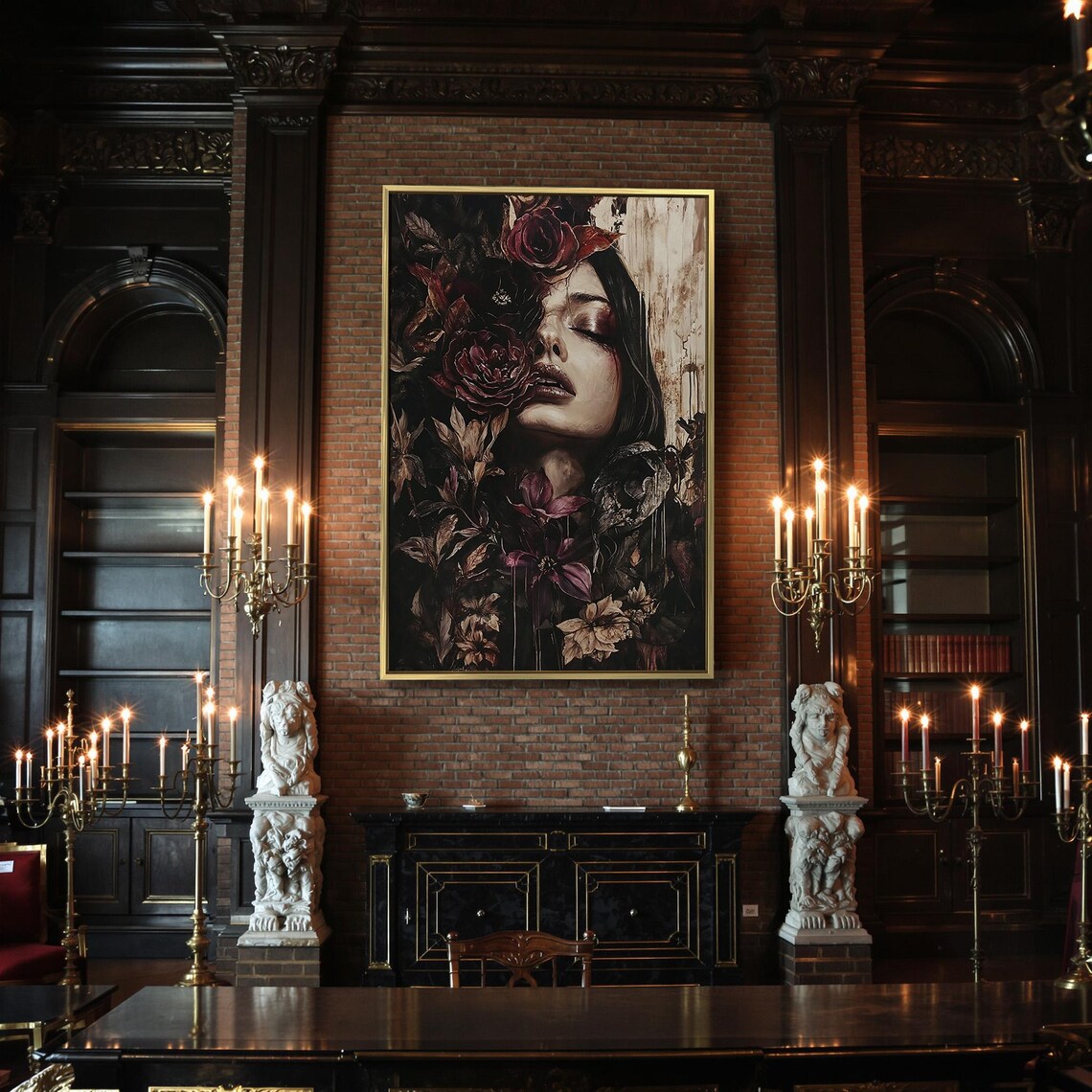Woman Face Among Dark Red Roses Mysterious Moody Floral Gothic Poster - Image 2