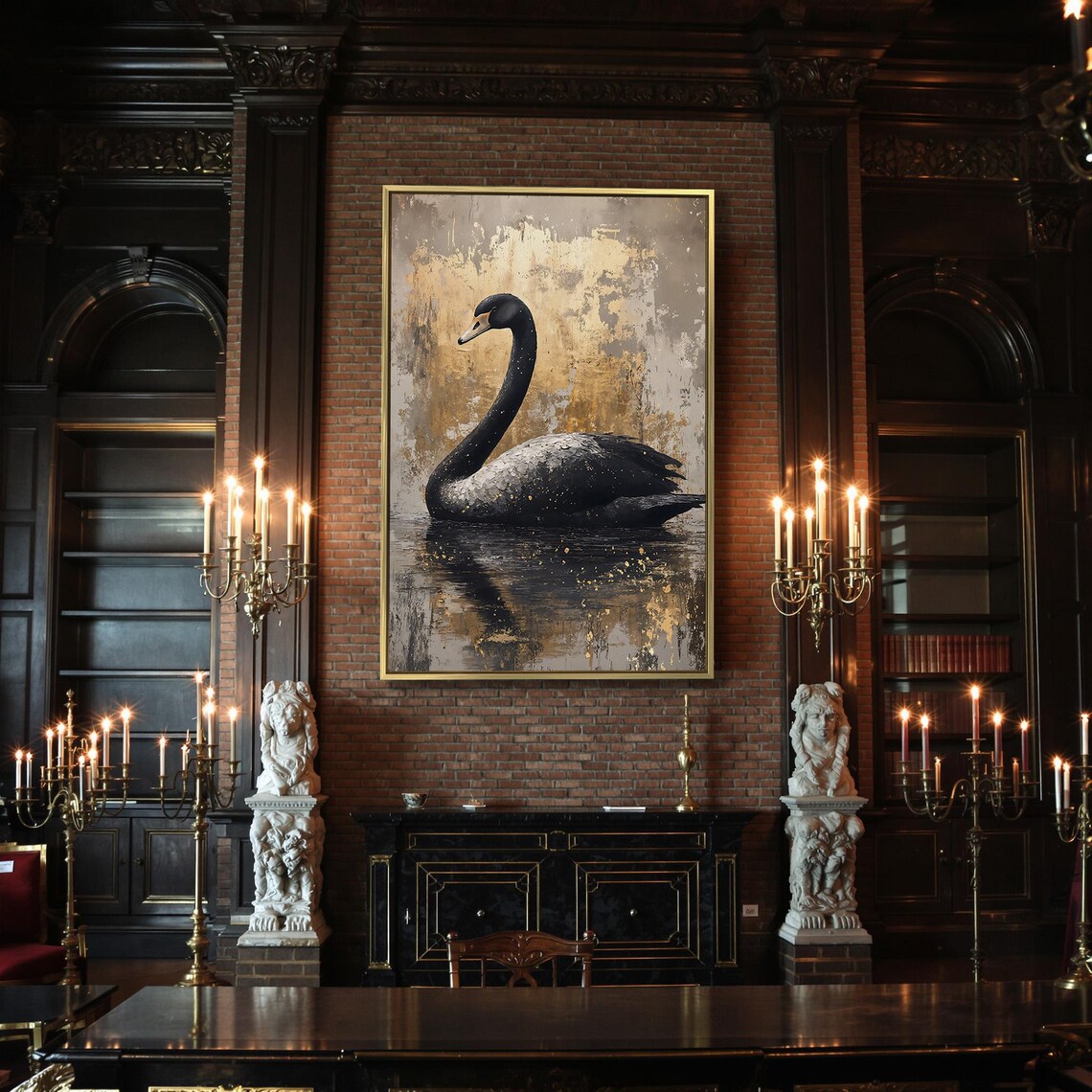 Elegant Black Swan On Dark Water With Golden Abstract Background Poster - Image 2