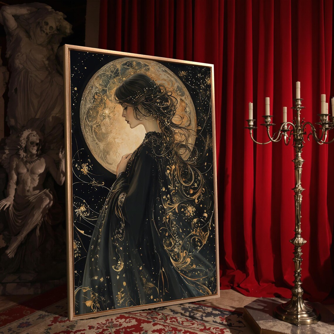 Elegant Woman In Black Dress Before Giant Gold Moon Dark Goddess Poster - Image 4