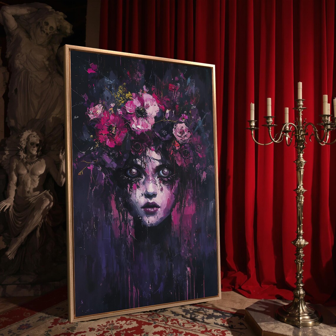Haunting Surreal Woman Pink Flowers Dark Purple Gothic Portrait Wall Art - Image 4