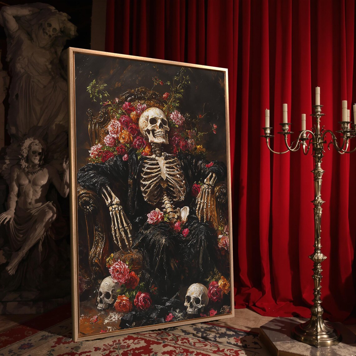 Victorian Skeleton On Ornate Throne Surrounded By Red Roses Dark Poster - Image 4
