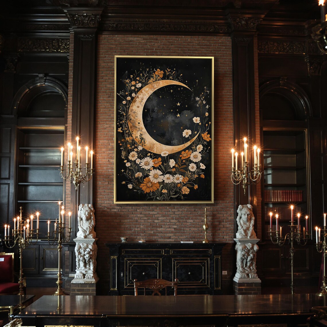 Golden Crescent Moon Wildflower Night Sky Dark Celestial Floral Wall Art - Image 2