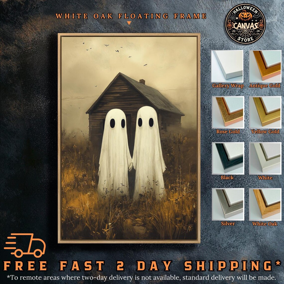 Ghost Couple Holding Hands Rustic Barn Vintage Cute Halloween Spooky Wall Poster - Image 2