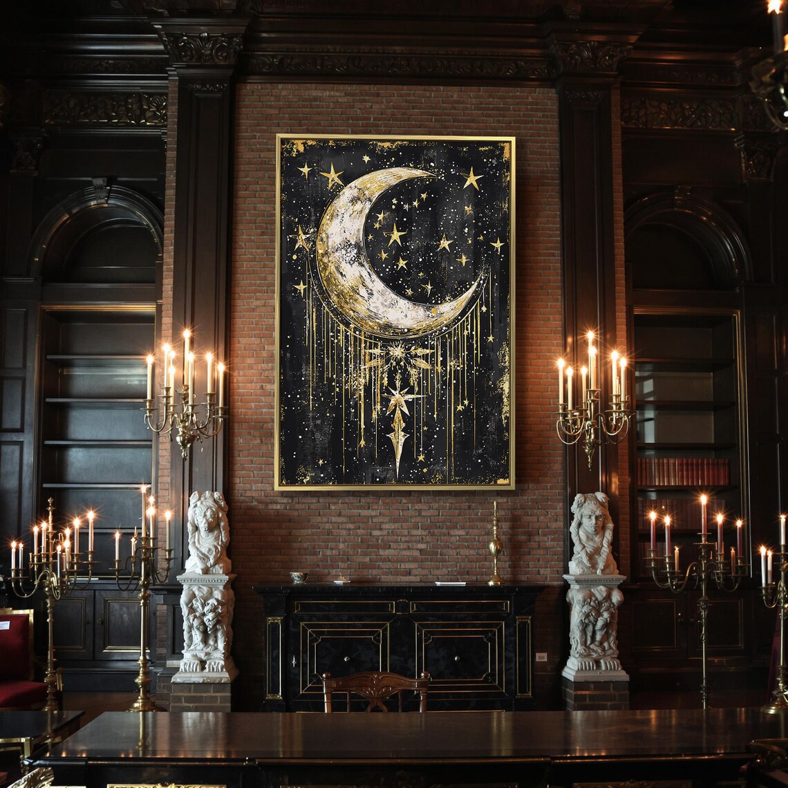 Crescent Moon Dripping Gold Stars Gothic Celestial Black Night Wall Art Poster - Image 2