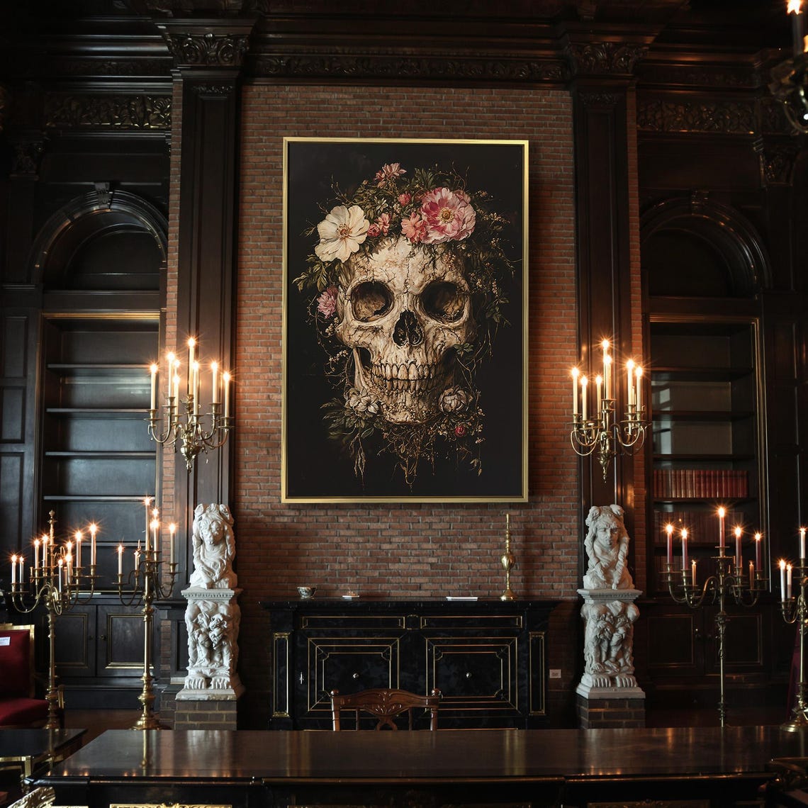 Gothic Skull Crowned With Pink Flowers Memento Mori Dark Floral Poster - Image 2