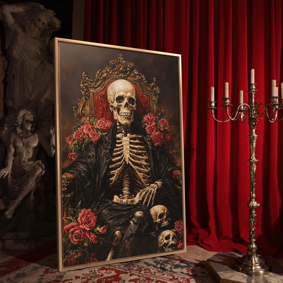 Macabre Skeleton On Golden Baroque Throne With Red Roses Dark Art Poster - Image 4