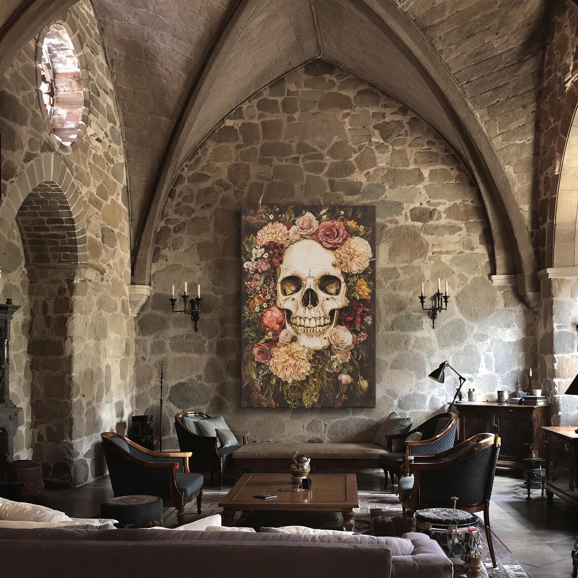 Floral Skull Still Life Blush Roses Dark Academia Gothic Botanical Wall Art - Image 3