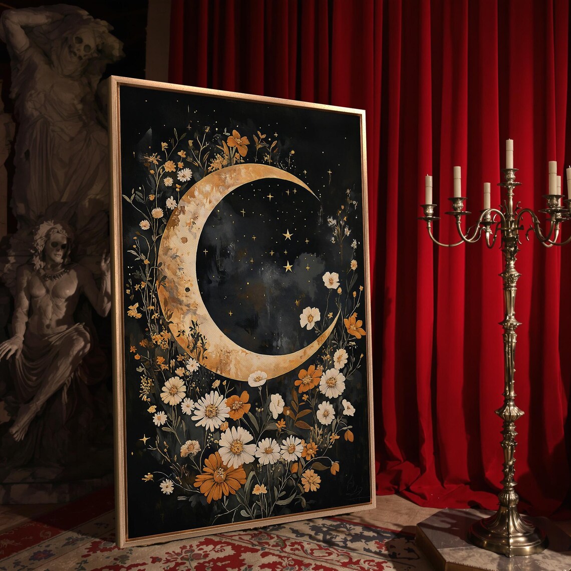 Golden Crescent Moon Wildflower Night Sky Dark Celestial Floral Wall Art - Image 4