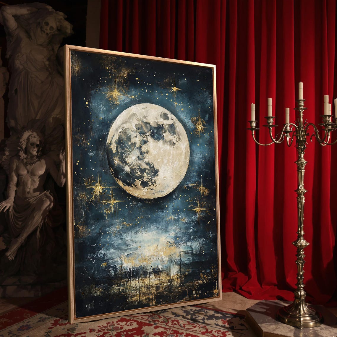 Full Moon Teal Starry Sky Golden Stars Cosmic Night Art Poster - Image 4