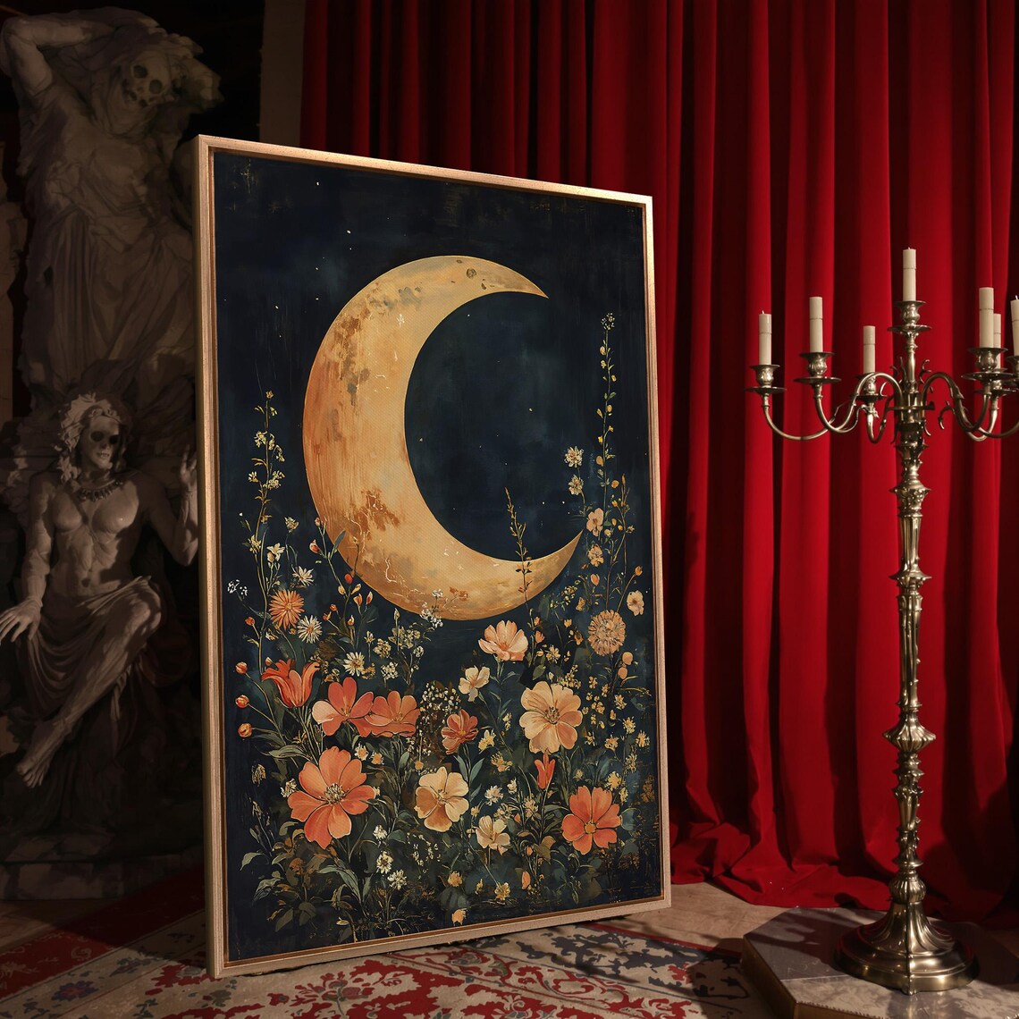 Crescent Moon Over Wildflowers Dreamy Orange Floral Night Dark Botanical Poster - Image 4