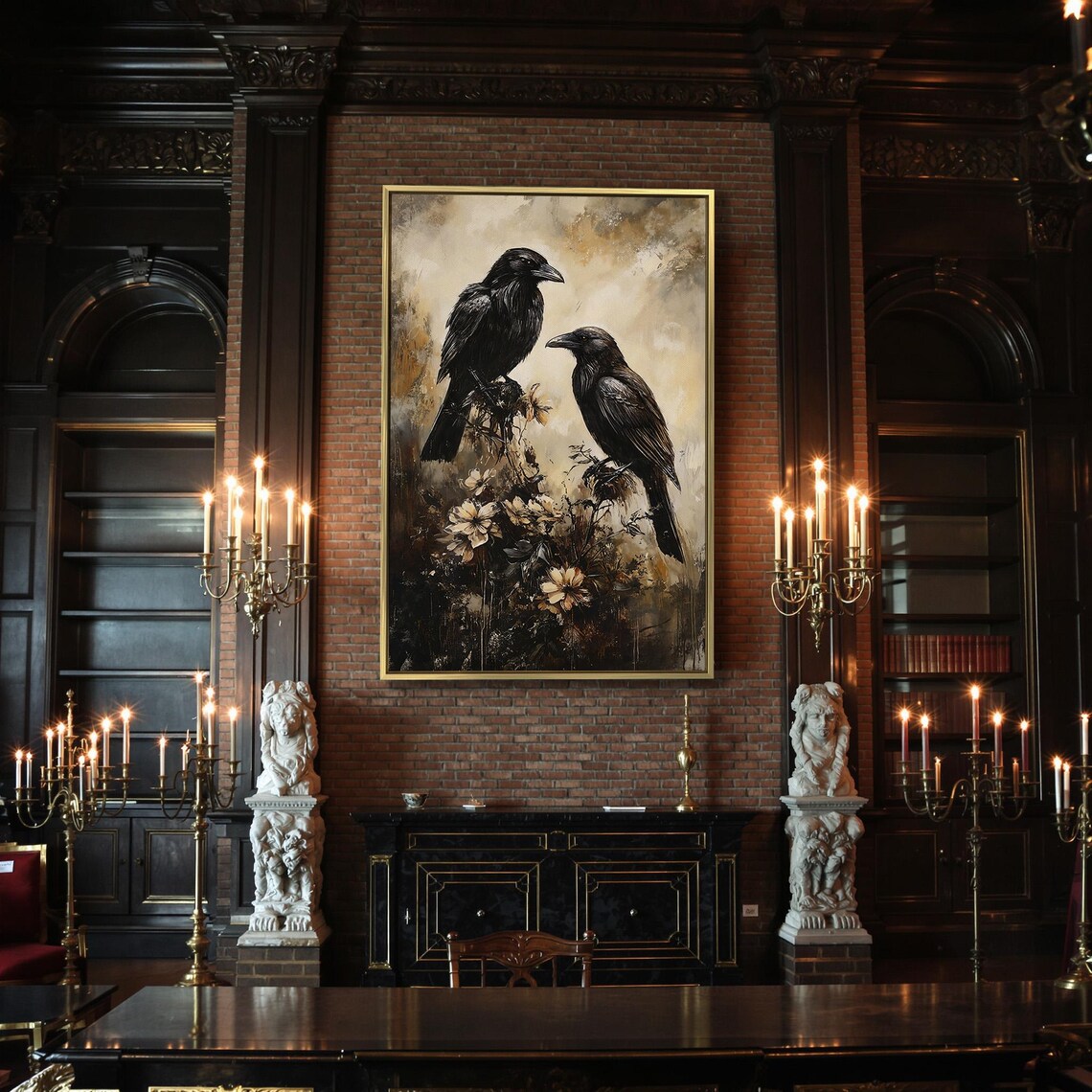 Two Black Ravens Dried Flowers Moody Sepia Gothic Bird Dark Cottagecore Poster - Image 2