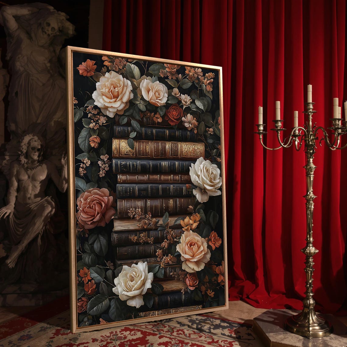 Vintage Books And Roses Stack Dark Botanical Library Wall Poster - Image 4