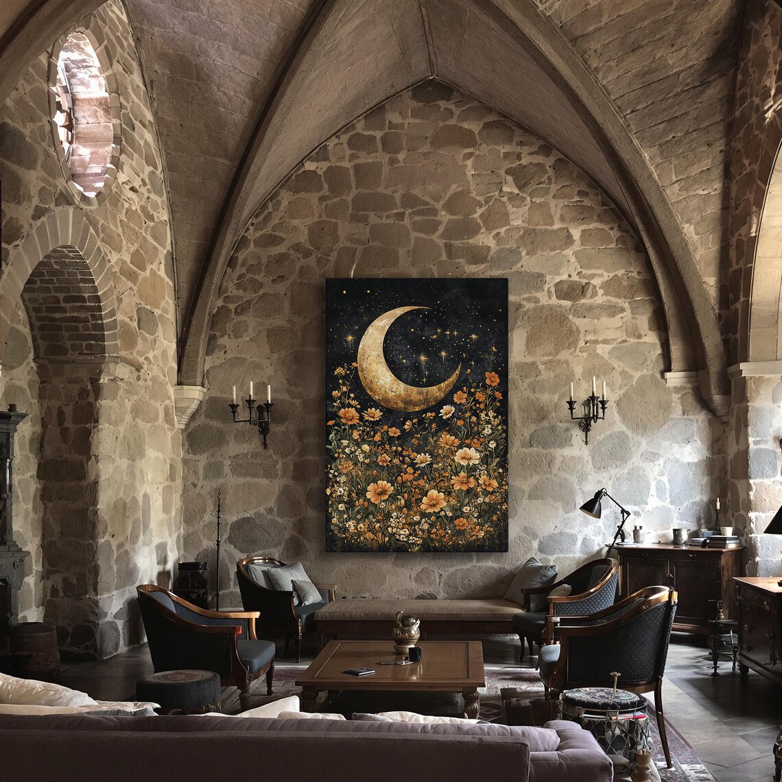 Crescent Moon Starry Night Wildflower Field Dark Celestial Botanical Poster - Image 3