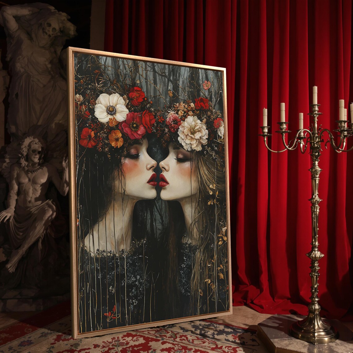 Two Women With Floral Crowns Nose to Nose Gothic Forest Art Poster - Image 4