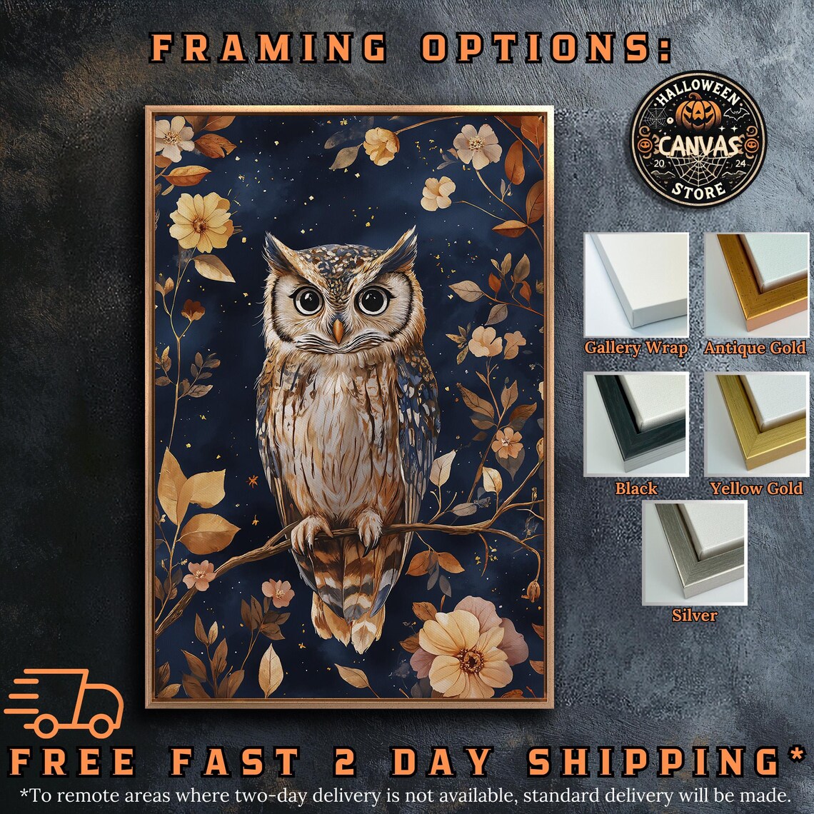 Cute Owl With Big Eyes On Branch Among Golden Flowers Night Sky Poster - Image 5
