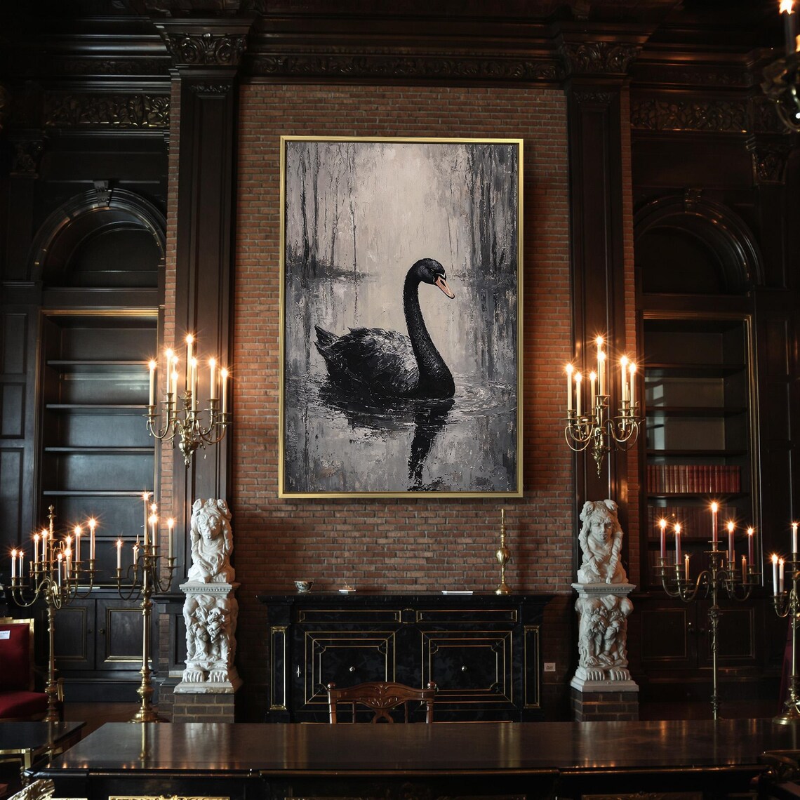 Black Swan Foggy Pond Gray Mist Dark Wildlife Serene Art Poster - Image 2