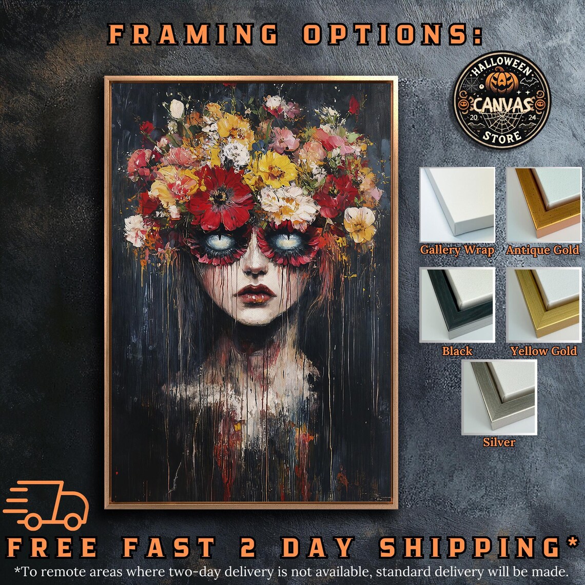 Surreal Floral Woman Portrait Glowing Eyes Dark Gothic Surrealism Wall Art - Image 5