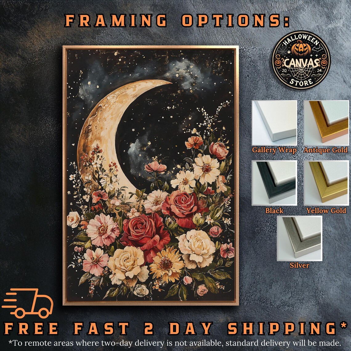 Crescent Moon Blooming Flowers Starry Night Celestial Dark Botanical Wall Poster - Image 5