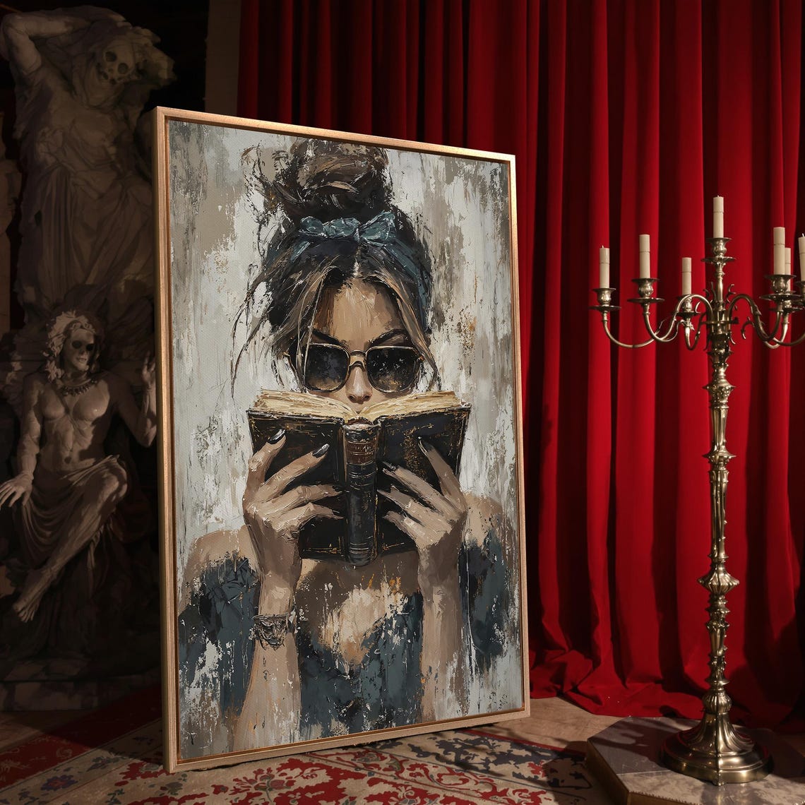 Stylish Boho Woman Reading Vintage Book Sunglasses Portrait Poster - Image 4