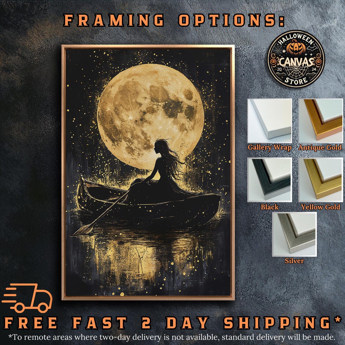 Girl In Rowboat Under Giant Gold Moon Starry Night Fantasy Poster - Image 5