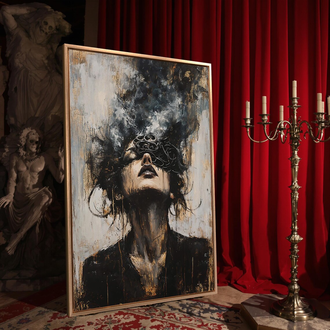 Woman Looking Up With Thorn Crown Smoke Dark Expressionist Portrait Poster - Image 4