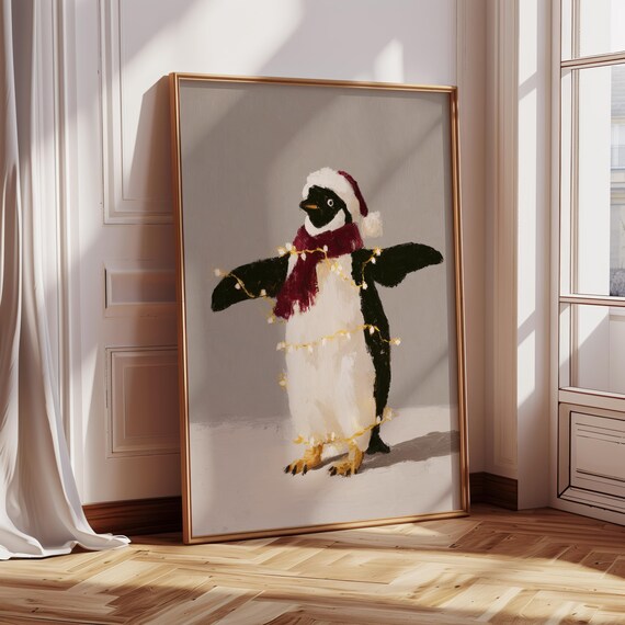 Cute Penguin In Santa Hat Red Scarf Wrapped In String Lights Wall Art