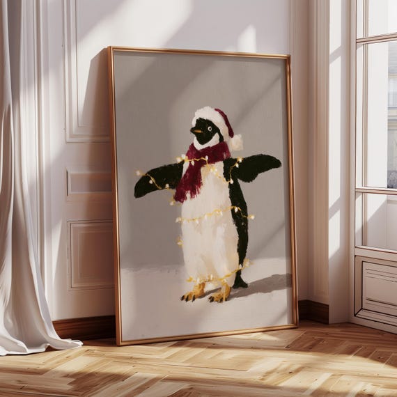 Winter Penguin Wall Art Cute Animal Print Cozy Christmas Nursery Decor Holiday Artwork