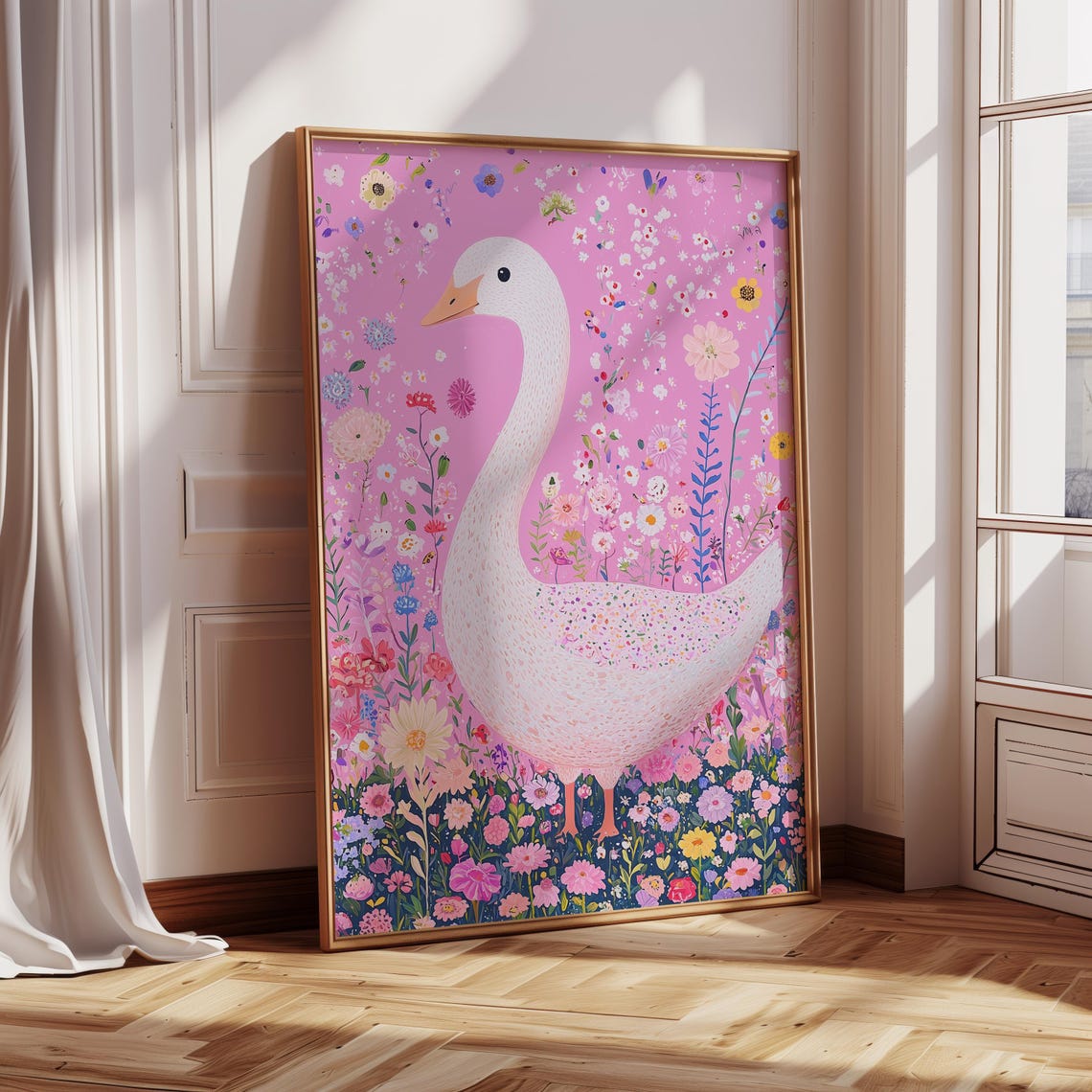 Pink Goose Floral Nursery Art Print