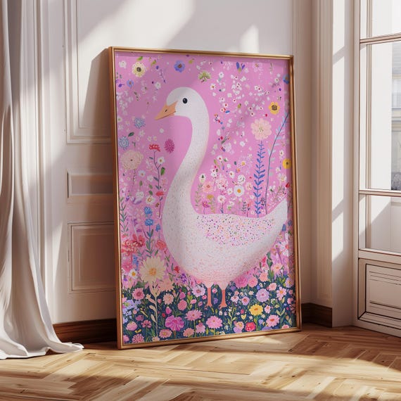 Pink Goose Floral Nursery Art Print