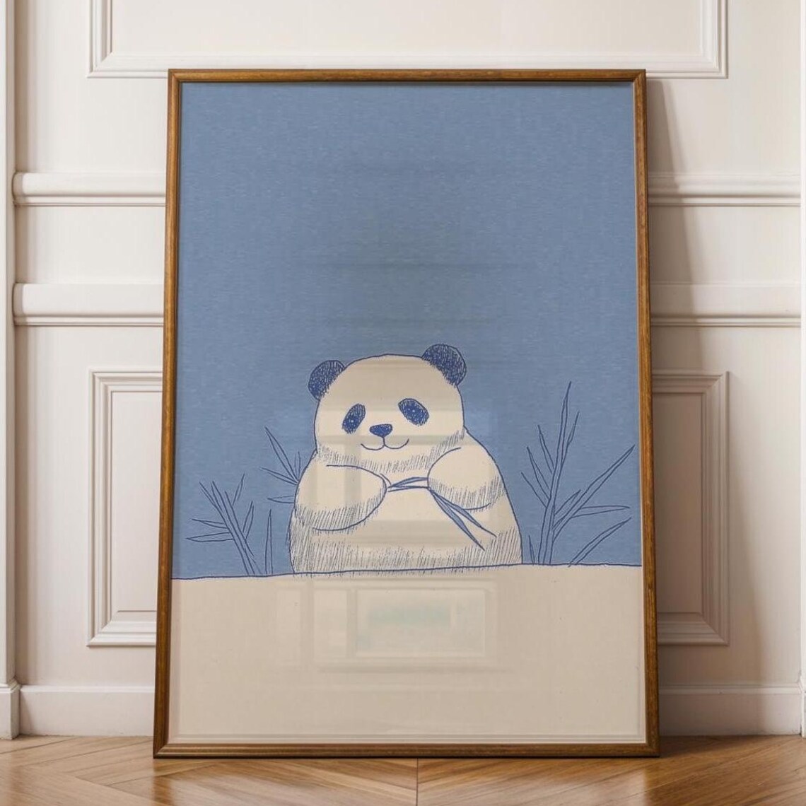 Cute Panda Sketch Blue Minimalist Nursery Baby Room Art Poster