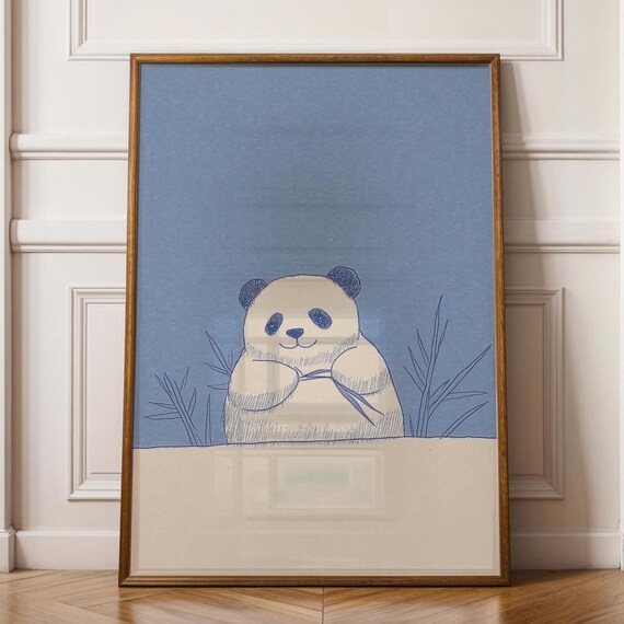 Cute Panda Sketch Blue Minimalist Nursery Baby Room Art Poster