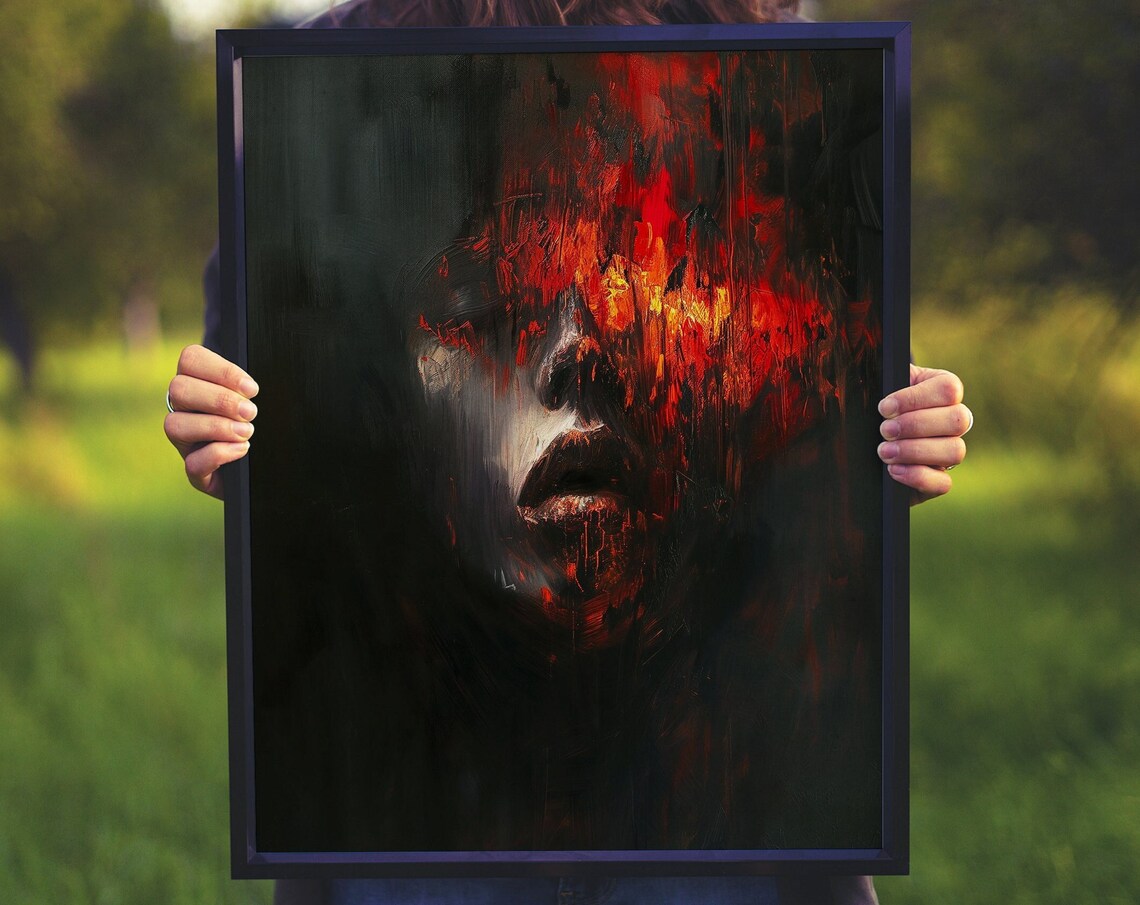 Burning Demon Face Abstract Horror Gothic Dark Fantasy Art Poster