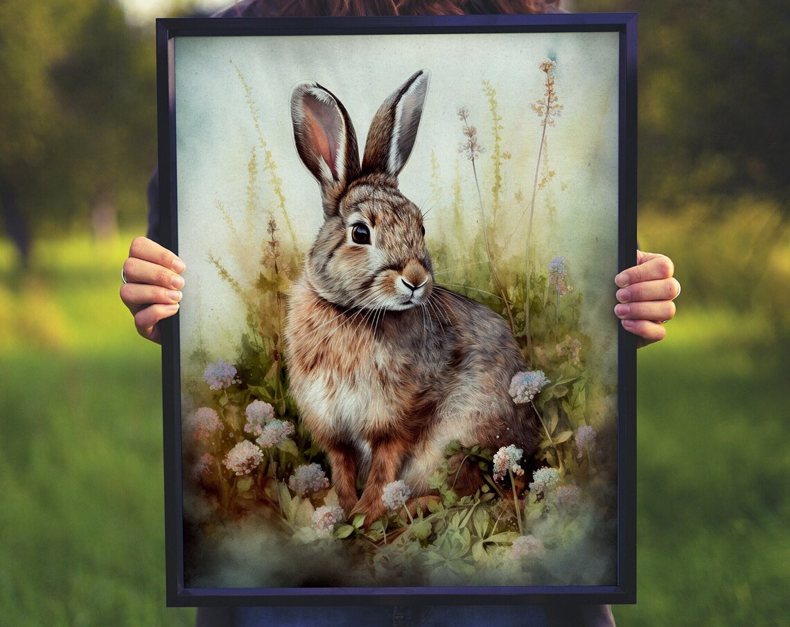 Brown Hare Among Wildflowers Watercolor Woodland Animal Poster