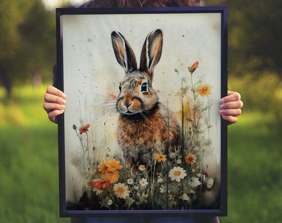 Brown Hare in Wildflower Garden Watercolor Meadow Art Poster