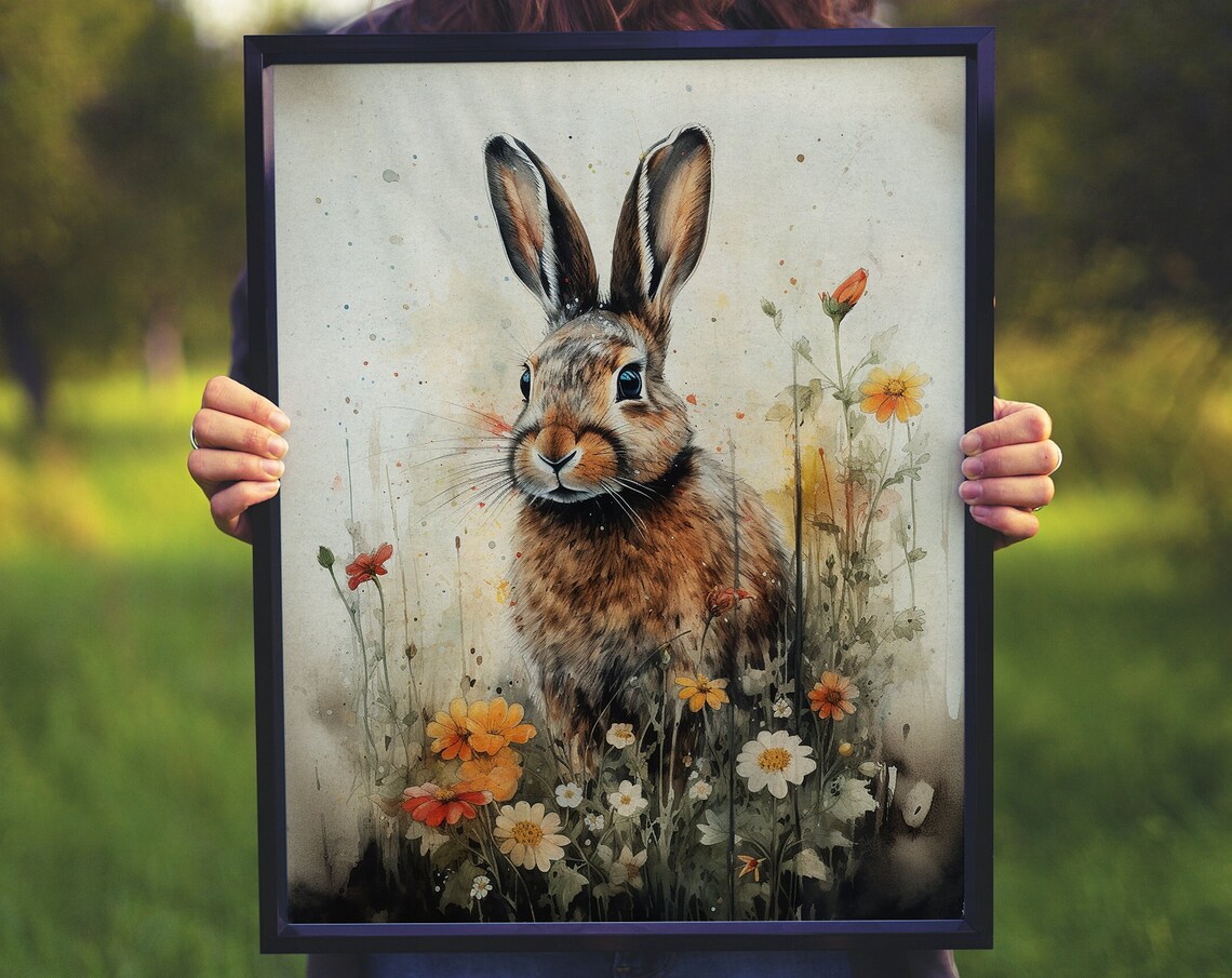 Brown Hare in Wildflower Garden Watercolor Meadow Art Poster