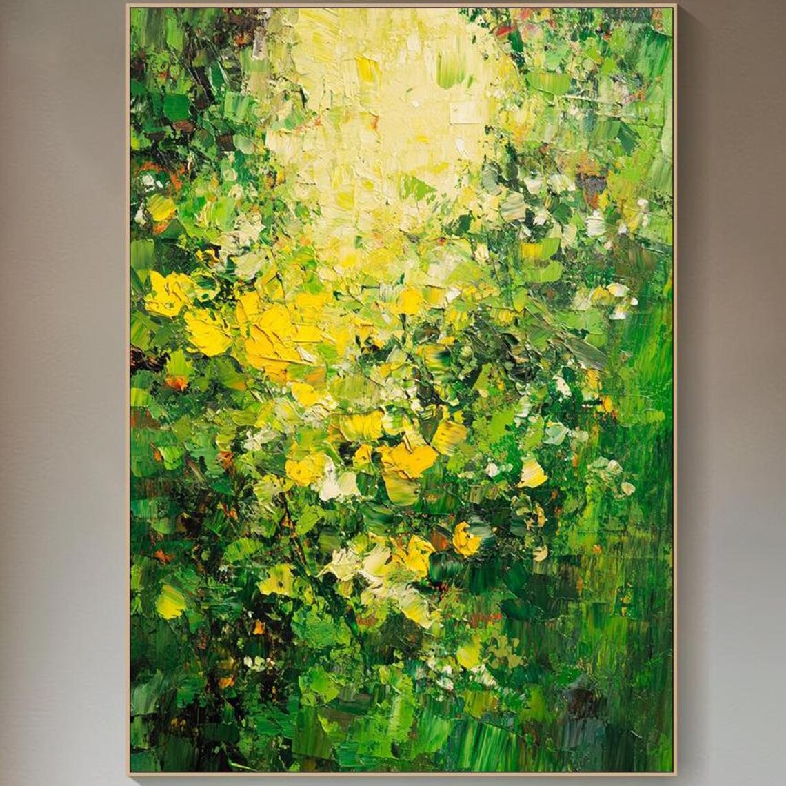 Sunlit Green Garden Yellow Flowers Abstract Impasto Nature Art Poster