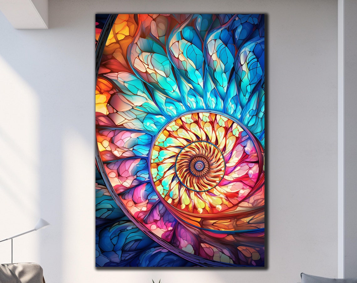 Nautilus Shell Stained Glass Art Turquoise Pink Spiral Ocean Poster