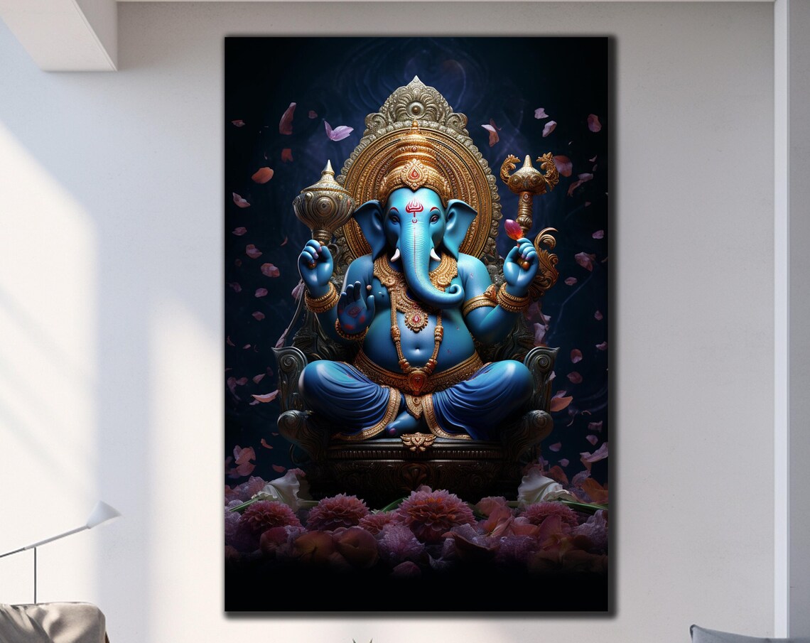 Lord Ganesha Blue Throne Golden Jewel Crown Divine Hindu Art Poster