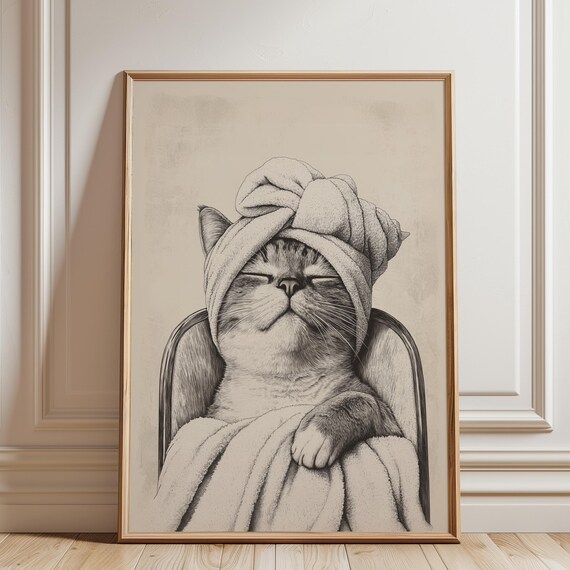 Cute Vintage Cat Bathroom Print After Shower Decor Minimalist Neutral Art Trendy Dorm Spa Towel