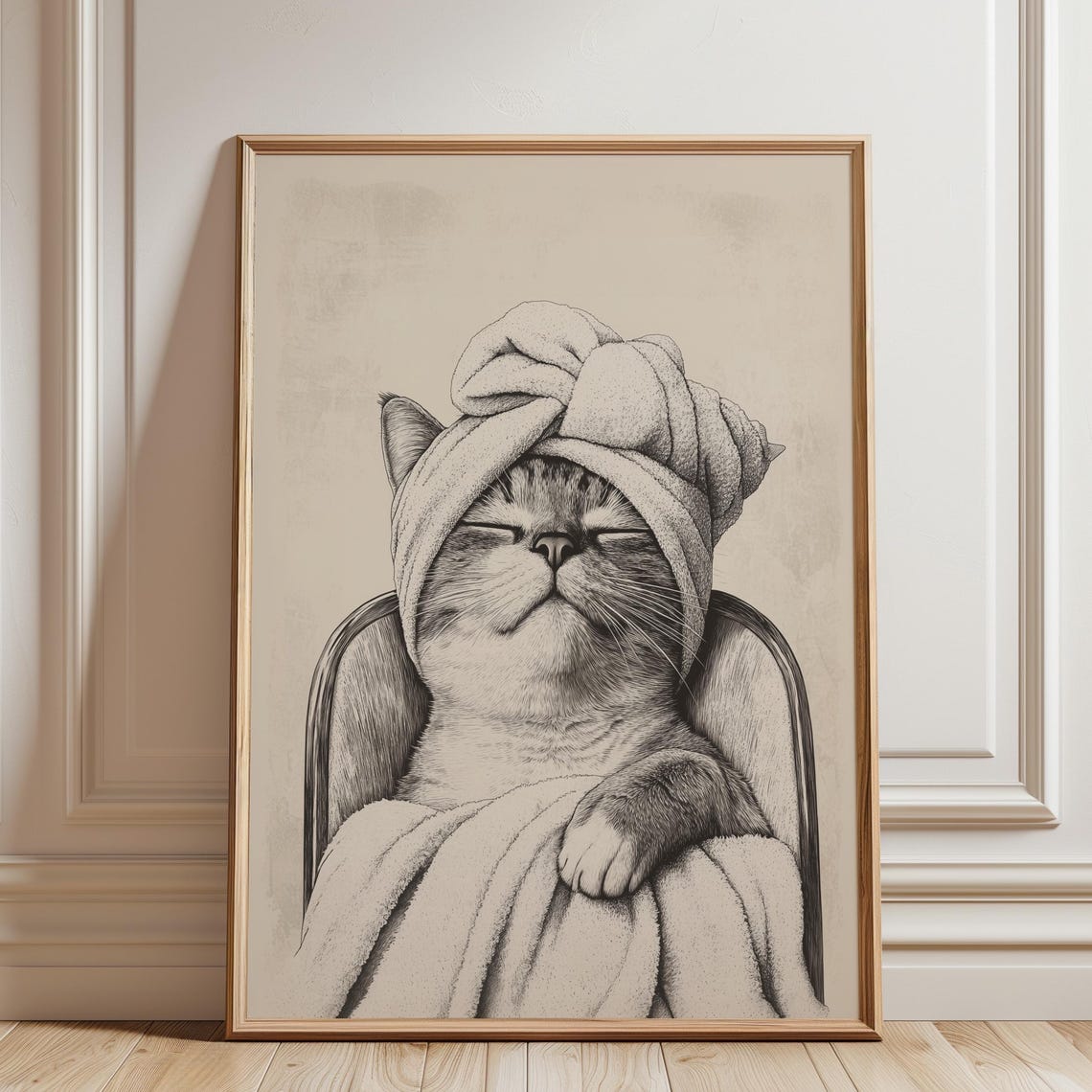 Relaxed Spa Cat With Towel On Head Charming Vintage Sketch Poster