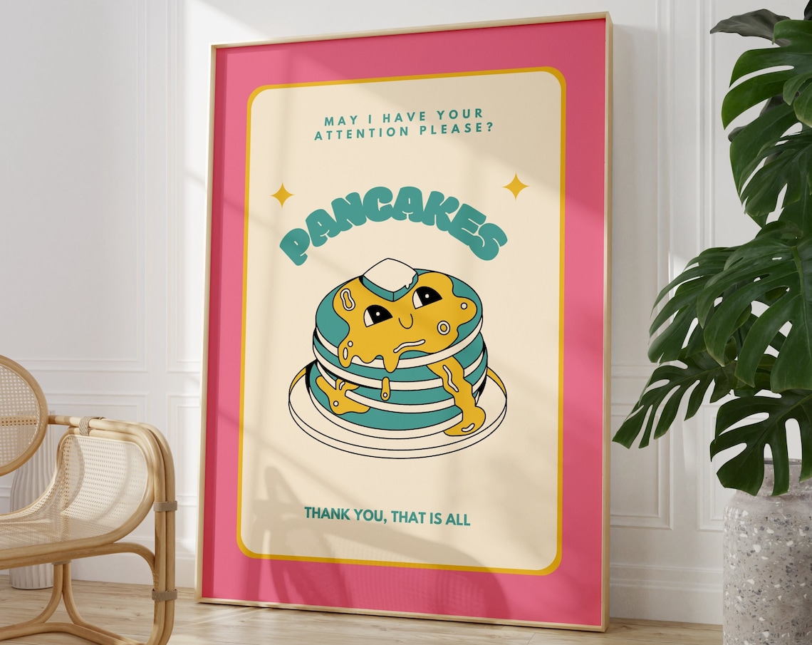 Funny Pancakes Breakfast Retro Kitchen Quote Typography Wall Poster