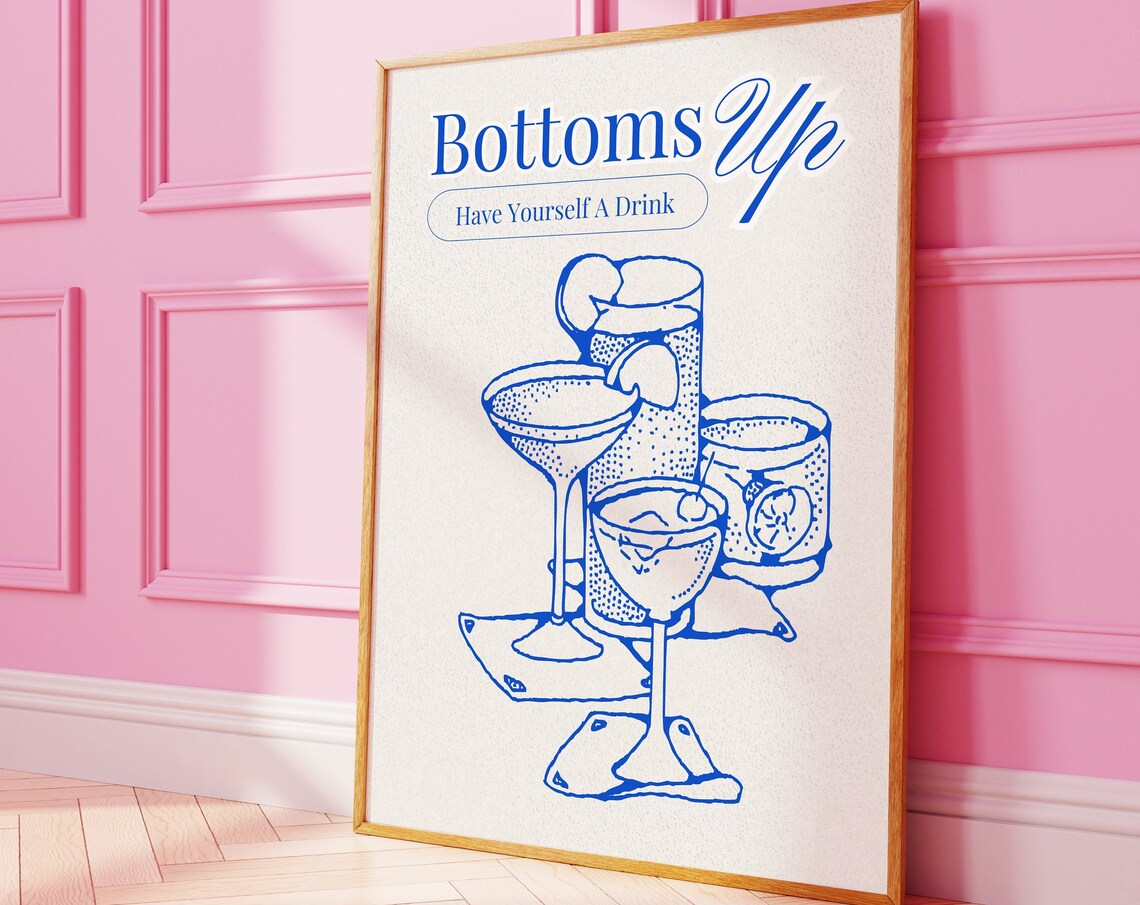 Bottoms Up Have Yourself A Drink Blue Cocktail Line Art Poster
