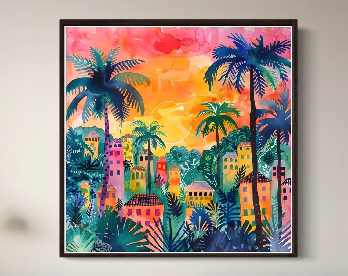 Tropical Village Sunset Palm Trees Vibrant Watercolor Island Poster